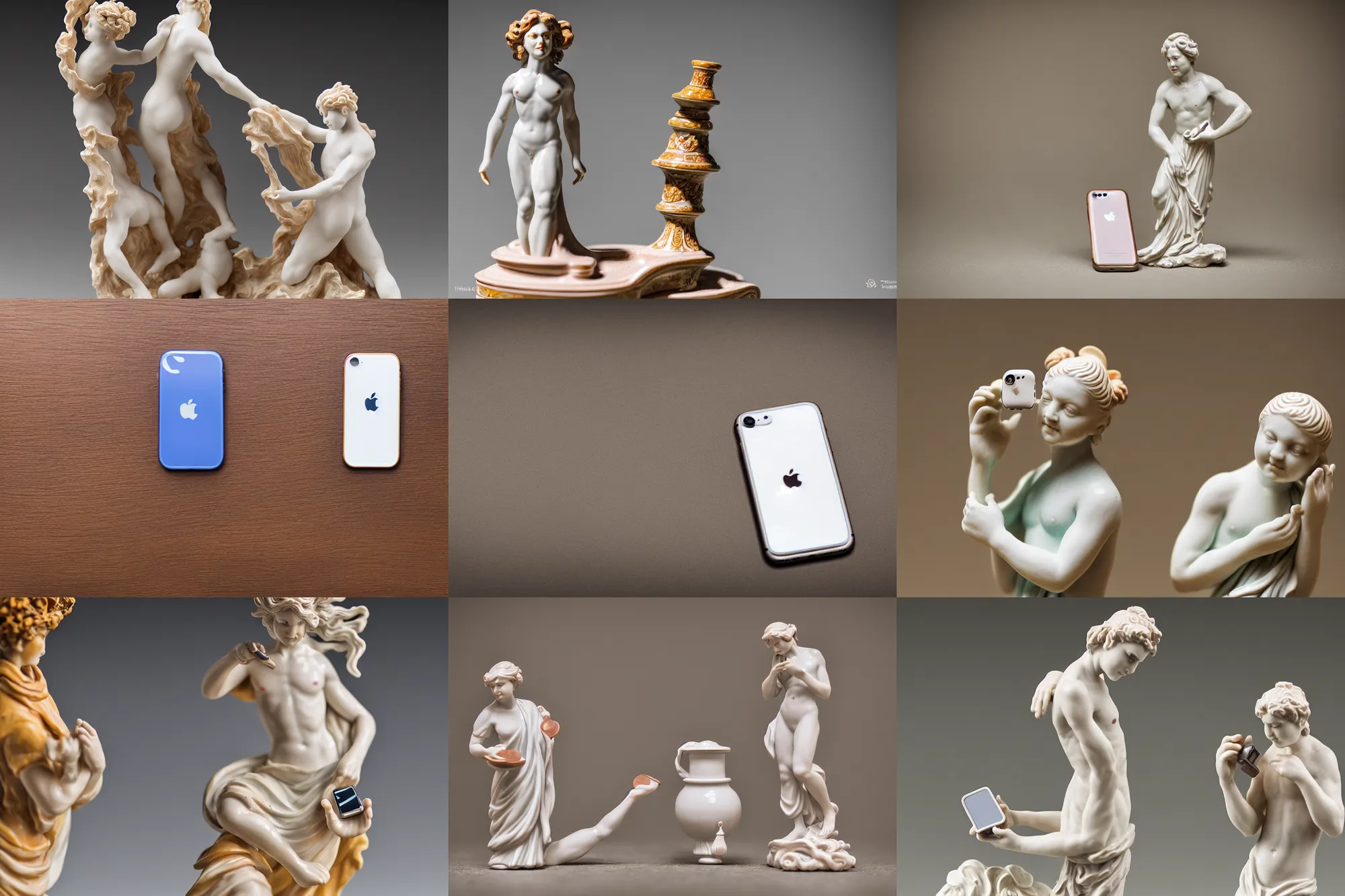 Prompt: a colored porcelain statuette of an iphone, in the center of the frame, amazing craftsmanship, Tamron SP 90mm F/2.8 Di VC USD Macro