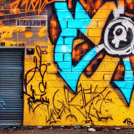 Image similar to graffiti on a wall in a run down building, happy mood, cyberpunk, high detail, golden light, realistic