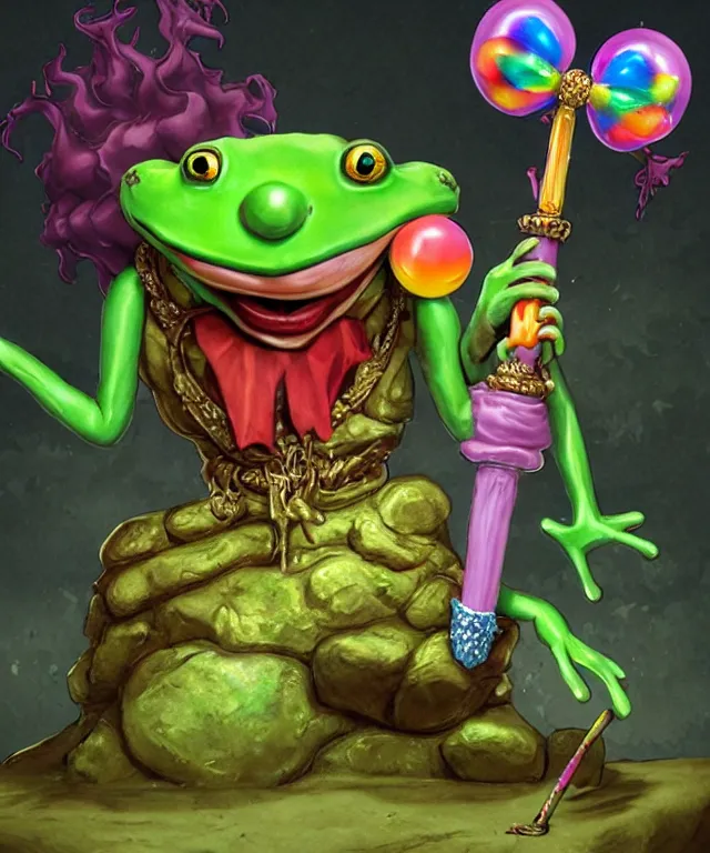 Image similar to clown frog king pulls the sword from the stone, clown frog king wearing clown makeup and rainbow wig, clown crown artwork by Glenn Fabry, rendering by Beeple