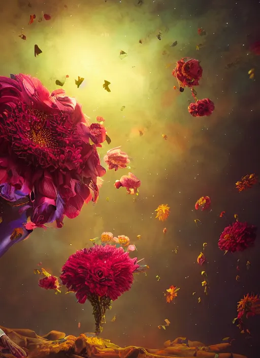 Image similar to An epic fantastic realism comic book style painting of the most beautiful twirling flowers launched across the dark and starry sky, bouquets, fisheye lens, unreal 5, DAZ, hyperrealistic, octane render, dynamic lighting