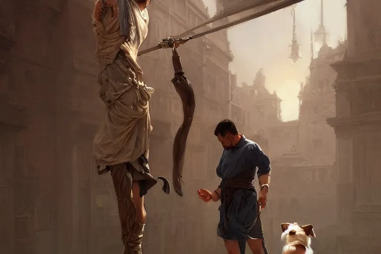 Image similar to a man tied to a pillar and jack russel terrier pissing on him, highly detailed, hyperrealistic digital painting, artstation, concept art, smooth, sharp focus, illustration, cinematic lighting, art by artgerm and greg rutkowski and alphonse mucha