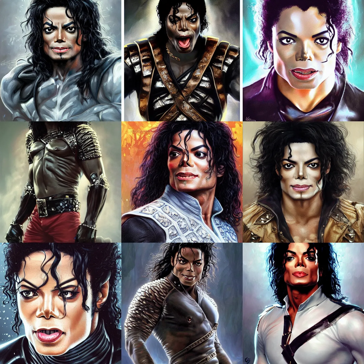 Prompt: michael jackson! panther fusion !!! very close portrait of angry rugged barbarian, muscular, upper body, 👅 👅 , D&D, fantasy, intricate, elegant, highly detailed, digital painting, artstation, concept art, smooth, sharp focus, illustration, art by artgerm and greg rutkowski and alphonse mucha