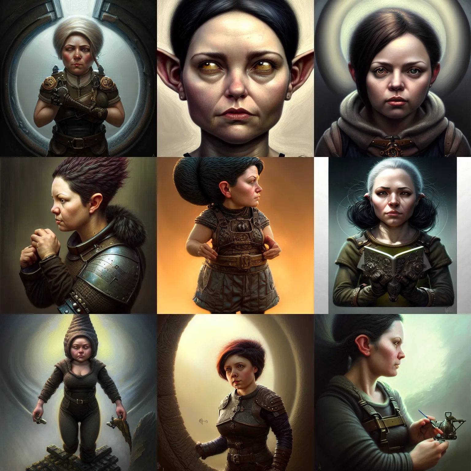 Prompt: portrait of a beautiful determined strong realistic female gnome engineer, short undercut black hair, d & d, micro detail, intricate, elegant, highly detailed, centered, rule of thirds, artstation, sharp focus, illustration, artgerm, tomasz alen kopera, donato giancola, wlop