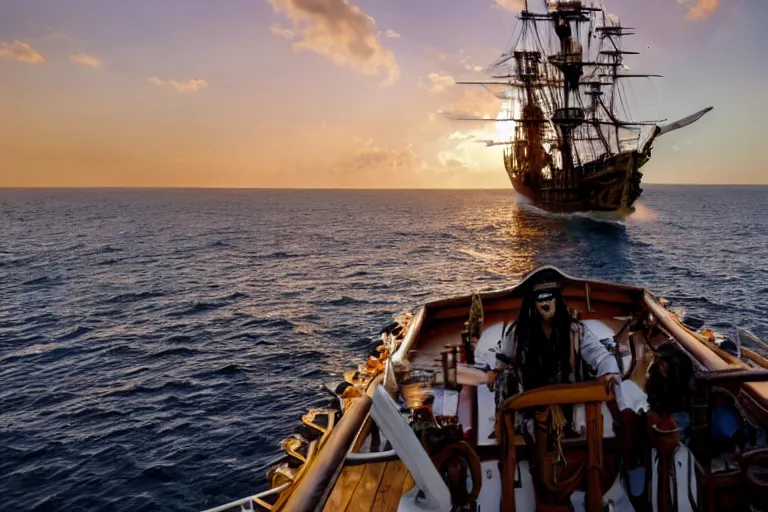 Image similar to captain jack sparrow sailing into the sunset on a pirate ship