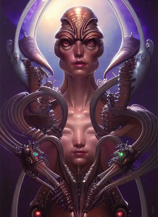 Prompt: beautiful gemini fantasy character portrait, ultra realistic, wide angle, intricate details, alien artifacts, highly detailed by peter mohrbacher, hajime sorayama, wayne barlowe, boris vallejo, aaron horkey, gaston bussiere, craig mullins