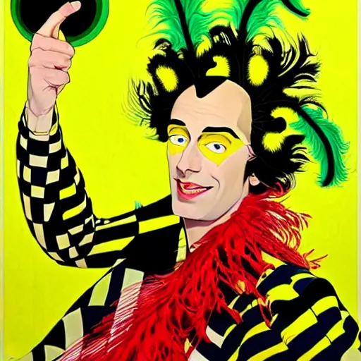 Image similar to art by joshua middleton, the yellow creeper, a tall manically smiling yellow - skinned man with green and black striped cycling shorts and wearing a long red and black striped ostrich feather boa, yellow makeup, mucha, kandinsky, poster, art deco motifs, comic art, stylised modern design, scarlet feather boa