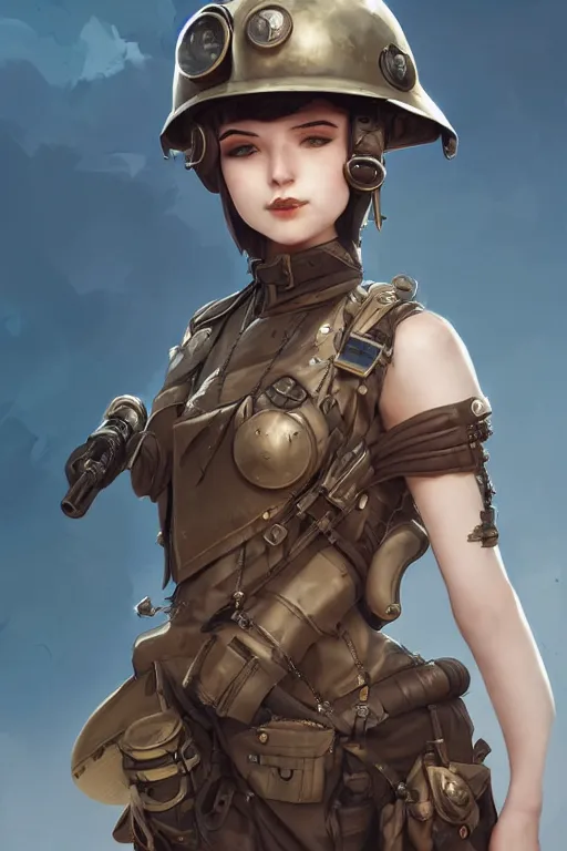 Image similar to dieselpunk soldier girl, helmet, shoulders, chest, portrait, desert, armored, highly detailed, sharp focus, art, illustrations by rossdraws and ayanamikodon and wlop and irakli nadar and loish