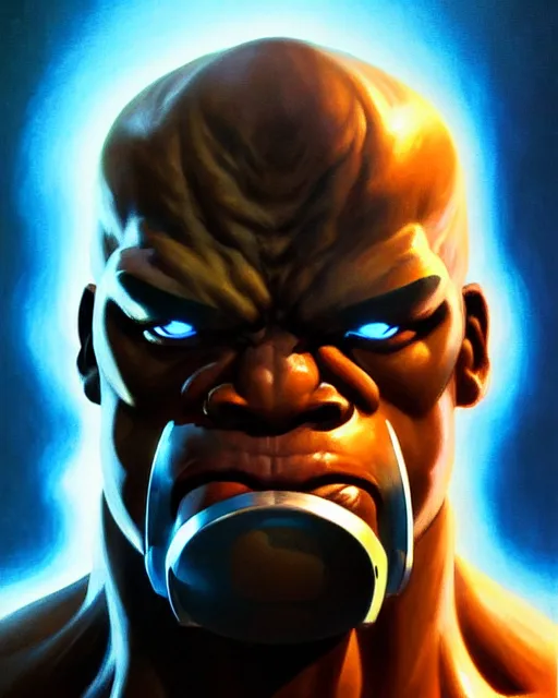 Image similar to doomfist from overwatch, elegant, confident, smug, ripped, buff, strong, fantasy, fantasy art, character portrait, portrait, close up, highly detailed, intricate detail, amazing detail, sharp focus, vintage fantasy art, vintage sci - fi art, radiant light, caustics, by boris vallejo