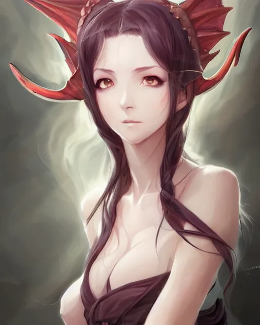 Prompt: character concept art of a woman with dragon horns and wings | | very anime, dragon scales, cute - fine - face, pretty face, realistic shaded perfect face, fine details by stanley artgerm lau, wlop, rossdraws, james jean, andrei riabovitchev, marc simonetti, and sakimichan, tranding on artstation
