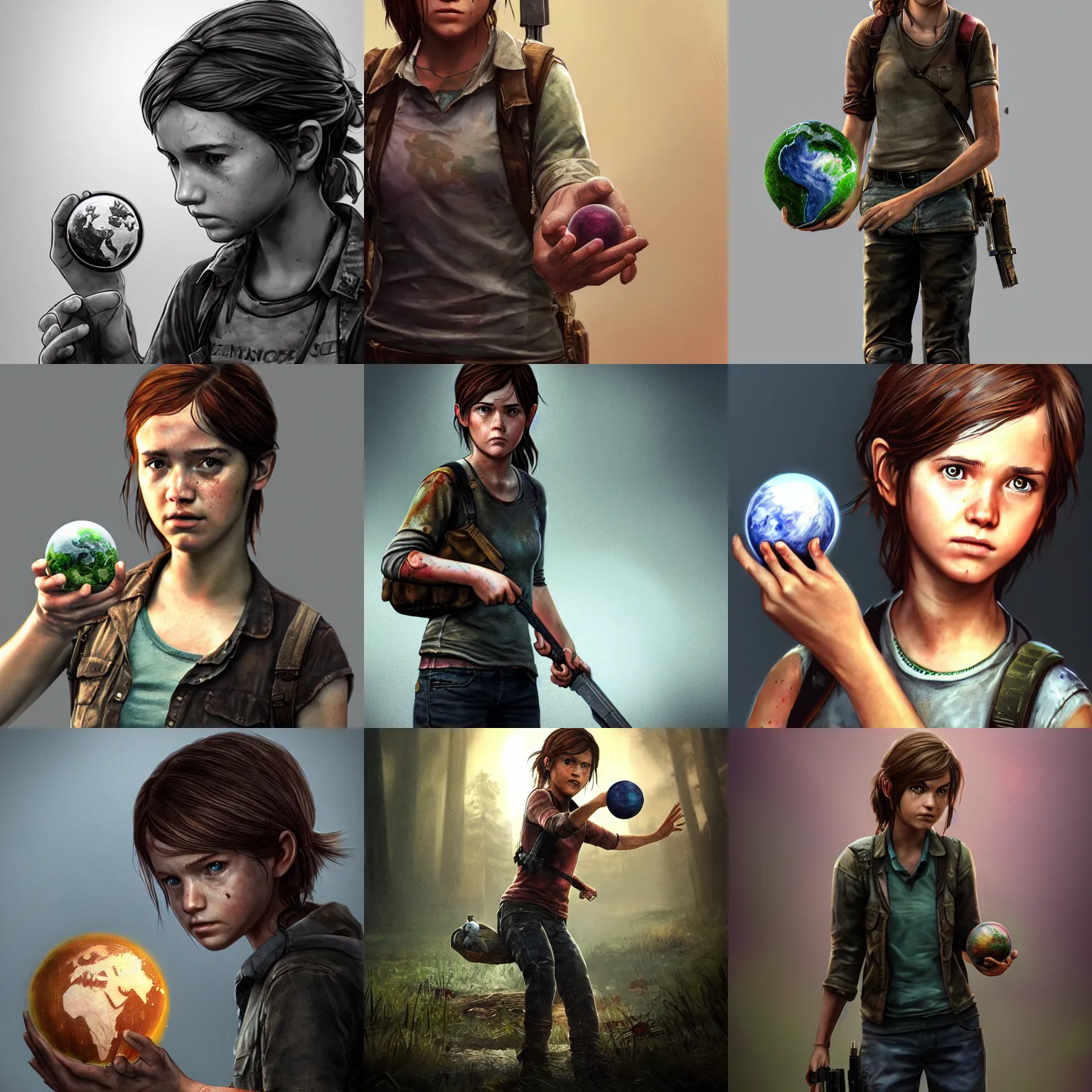 Prompt: Ellie from the Last of Us as a mage, holding a miniature Earth, digital art, trending on ArtStation