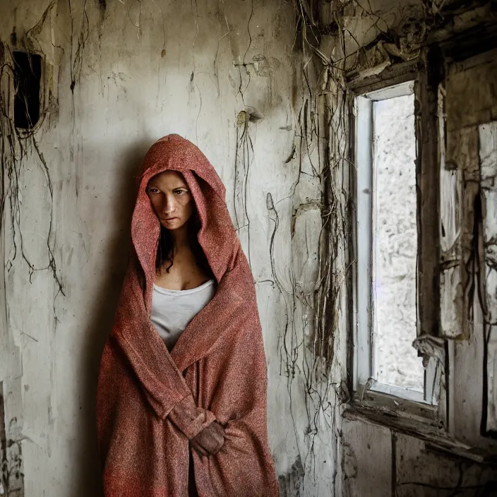 Image similar to a woman wearing a hooded cloak made of zinnias and barbed wire, in a derelict house, by Charlotte Grimm, natural light, detailed face, CANON Eos C300, ƒ1.8, 35mm, 8K, medium-format print