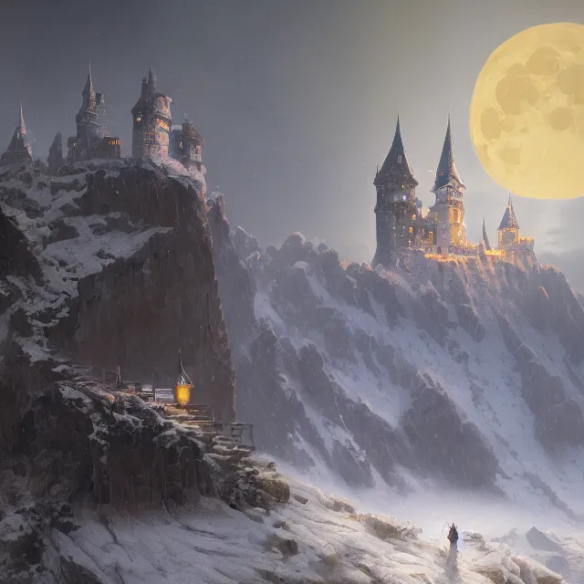 Prompt: a painting of a castle in the middle of a snowy mountain, a detailed matte painting by andreas rocha and greg rutkowski, night time, moon in the sky, midnight, featured on artstation, fantasy art, matte drawing, matte painting, artstation hq