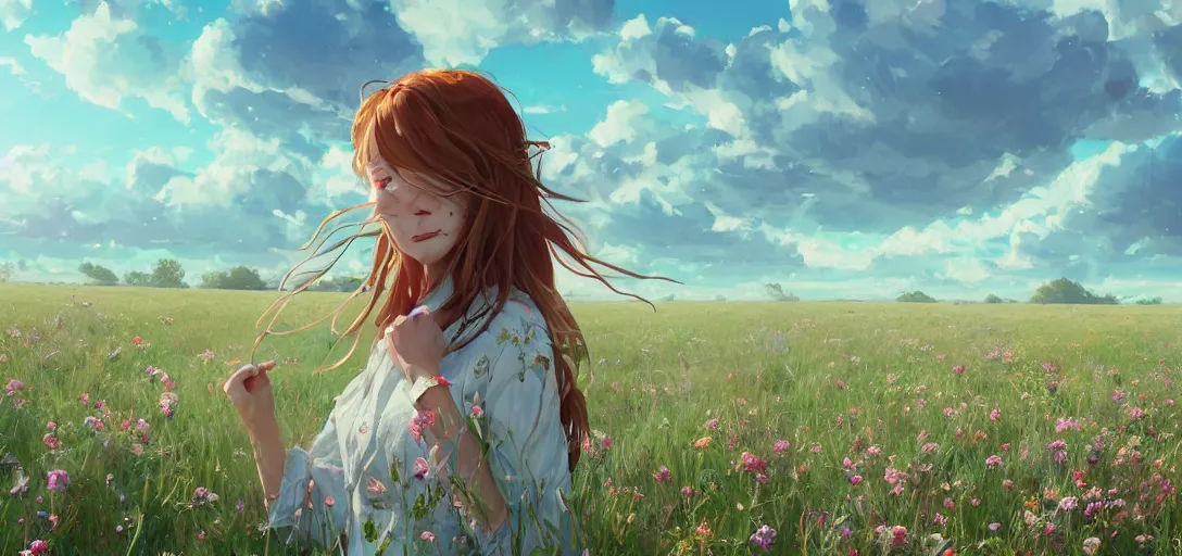 Image similar to a beautiful southern woman named Savannah, innocent, sad turquoise eyes, freckles, long ginger hair tied with white ribbon, relaxed in a field of flowers on a farm, gentle lighting, storm in the distance, somber, western clothing, dress, digital art by Makoto Shinkai ilya kuvshinov and Wojtek Fus, digital art, concept art,