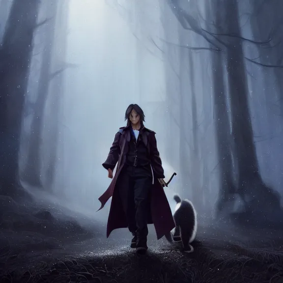 Prompt: a movie still from final fantasy live action, a ferret in a trenchcoat, evocative, mystical night, sharp focus, very very very very detailed, award winning, masterpiece digital painting by greg rutkowski, alex grey, marc adamus, beautiful dramatic lighting, artstation, 4 k wallpaper, style by peter deligdisch, peterdraws