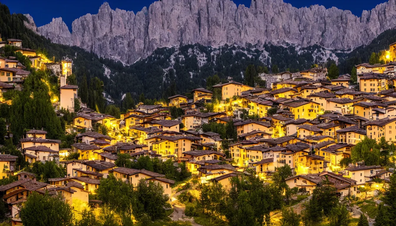 Prompt: an italian town in the dolomites mountains, night