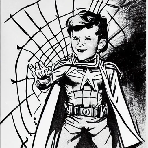 Image similar to a little boy with a mischievous face and short ginger hair. he is dressed as captain america, spider - man, batman, captain marvel, a superhero. well composed, clean elegant painting, beautiful detailed face. painting by steve ditko and jack kirby and alphonse mucha