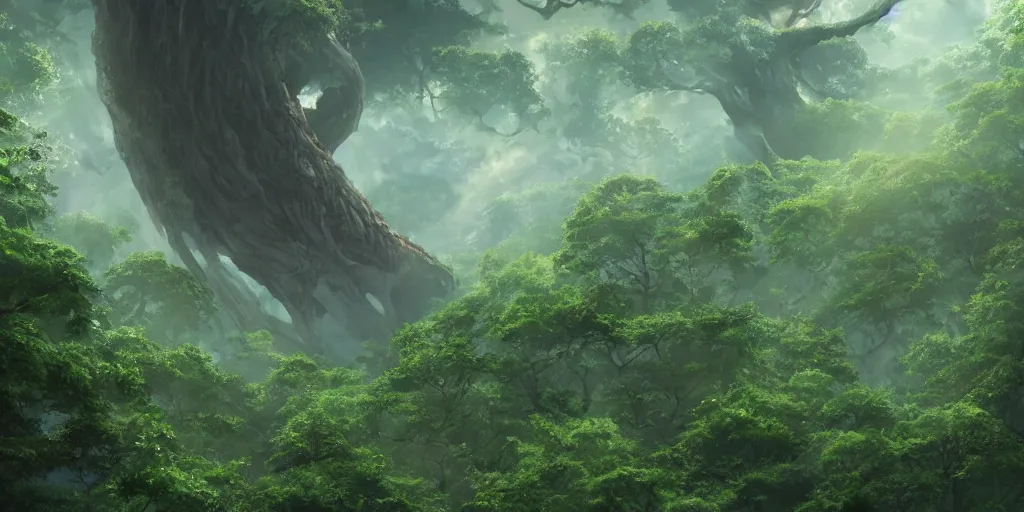 Image similar to close up of a giant liquid monster rising, forest treetop view. 4 k, artgerm, high detail, dramatic lighting, sunset, hayao miyazaki, masashi ando, nizou yamamoto, kazuo oga, joe hisaishi, yoji takeshige, naoya tanaka