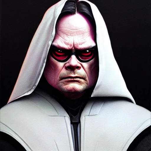 Prompt: dwight schrute dressed as a sith lord, realistic portrait, symmetrical, highly detailed, digital painting, artstation, concept art, smooth, sharp focus, illustration, cinematic lighting, art by artgerm and greg rutkowski and michael whelan