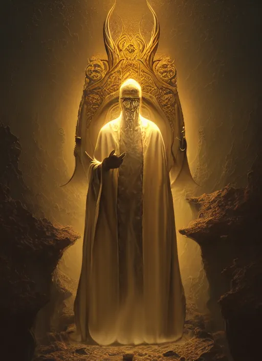 Image similar to slender high priest in a dark ornate robe, headpiece of molten salt, subsurface scattering, by alex konstad and tomasz alen kopera, cgsociety highly detailed, rim light, cinematic lighting, illustration, art, octane render, very coherent, cinematic, high detail, octane render, 8 k