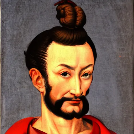 Image similar to portrait painting of surprising Michelangelo di Lodovico with topknot in the style of japanese cartoon