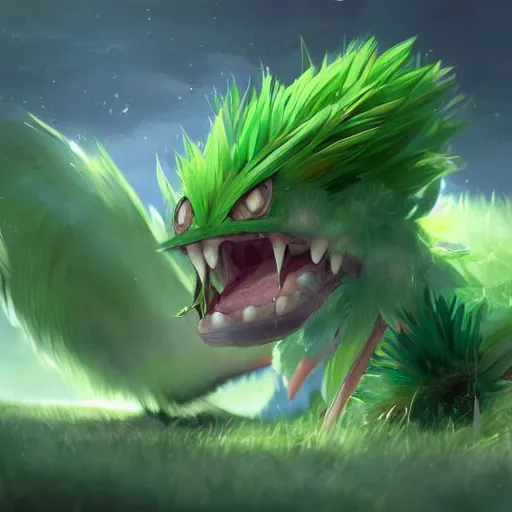 Image similar to a cute beautiful green plant type pokemon with beautiful happy smile, green feathers bursting out of his hair, full body portrait, highly detailed digital art, 3 d perspective, award - winning illustration, aesthetic, smooth, pokemon style, made by greg rutkowski, with an alien landscape in the background