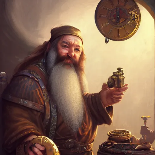 Image similar to Dwarven merchant with a long red flowing beard with Steampunk accessories, 4k oil on linen by wlop, artgerm, andrei riabovitchev, nuri iyem, james gurney, james jean, greg rutkowski, highly detailed, soft lighting 8k resolution