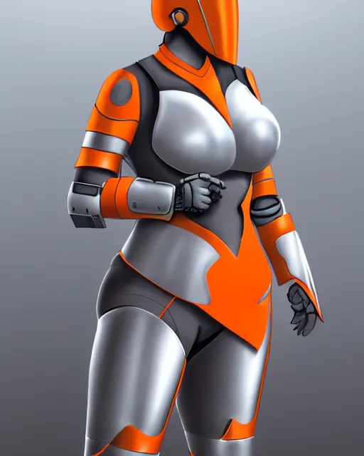 Image similar to concept art of a thicc female futurstic warrior, wearing a futuristic helmet, futurstic smooth slim fitted armor, sleek design, aerodynamic design, holding a large futurstic robotic bow, full body image, white and grey and orange gradient | | epic - fine - clean, polished, trending on artstation, brush strokes