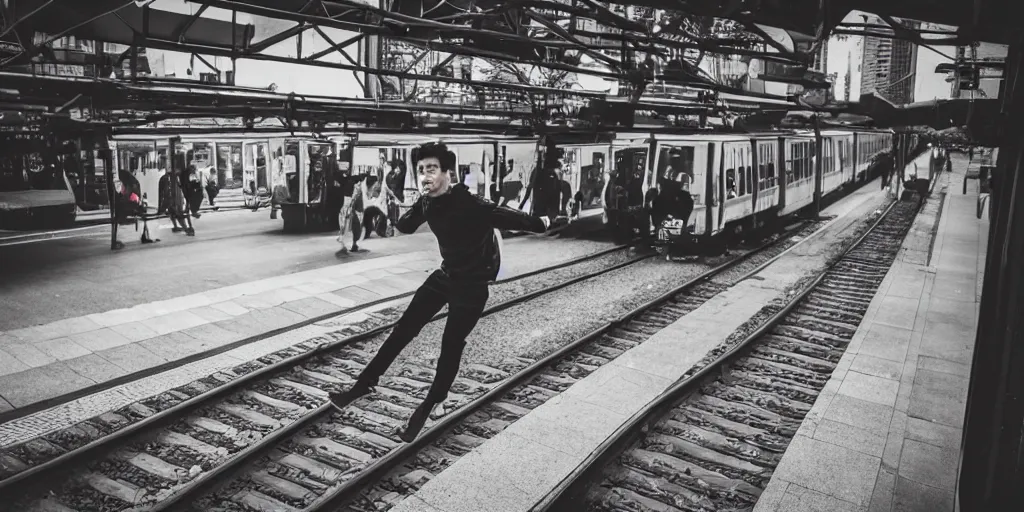 Image similar to a wide shot angle photography of a person trying to jump into a moving train from a platform