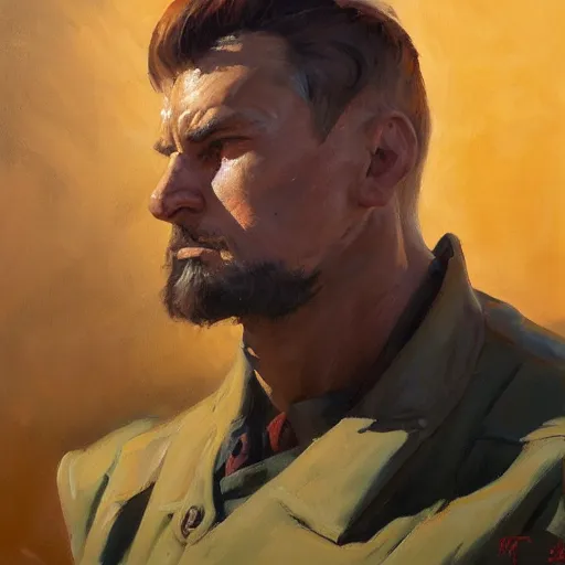 Prompt: greg manchess portrait painting of a soviet russian nuclear supersoldier, medium shot, asymmetrical, profile picture, organic painting, sunny day, matte painting, bold shapes, hard edges, street art, trending on artstation, by huang guangjian, gil elvgren, ruan jia, randy vargas, greg rutkowski