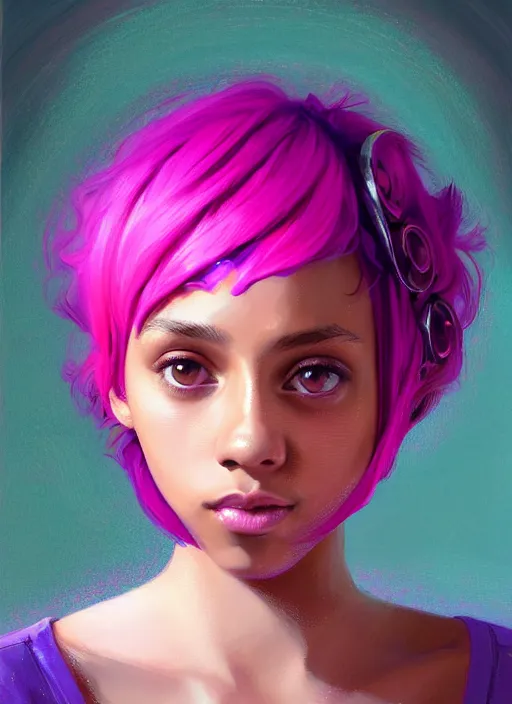 Image similar to portrait of teenage vanessa morgan with bright pink hair, vanessa morgan, curly pixie cut hair, wearing a purple breton cap, breton cap, hoop earrings, intricate, elegant, glowing lights, highly detailed, digital painting, artstation, concept art, smooth, sharp focus, illustration, art by wlop, mars ravelo and greg rutkowski