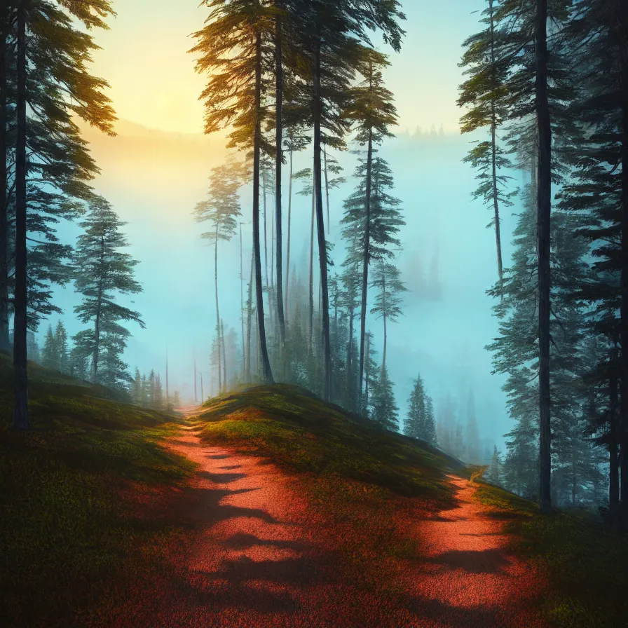 Prompt: abstract hyperrealist artwork of a single path leading down the horizon through giant pine forests down a rocky mountain coast towards a majestic sunset. atmospheric foggy landscape, soft tones, psychedelic, ultra realistic, concept art, modern art, photorealistic, octane render.