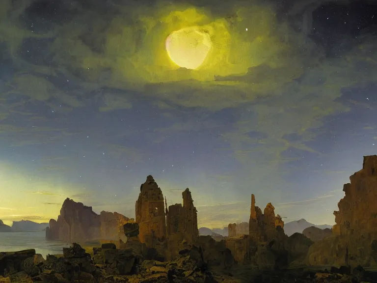 Prompt: an oil painting of a coastline on an alien planet with a mountain range at dusk with ancient temple ruins and aurora lighting up the sky by carl spitzweg and tuomas korpi. baroque elements, full-length view. baroque element. intricate artwork by caravaggio. Trending on artstation. 8k