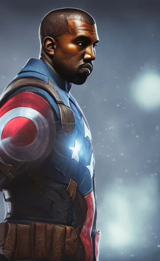 Image similar to Portrait of Kanye West as ((Captain America)) in Skyrim, splash art, movie still, cinematic lighting, dramatic, octane render, long lens, shallow depth of field, bokeh, anamorphic lens flare, 8k, hyper detailed, 35mm film grain