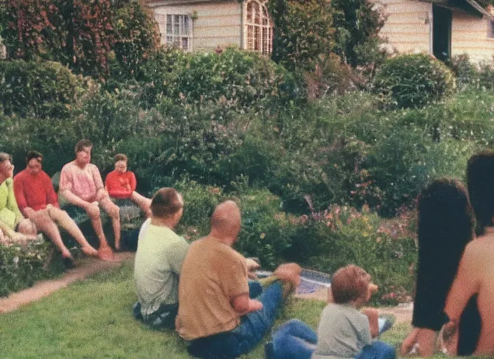 Image similar to Home video footage, Color VHS picture quality with mixed noise, Filmed by dad. Some people in the garden.