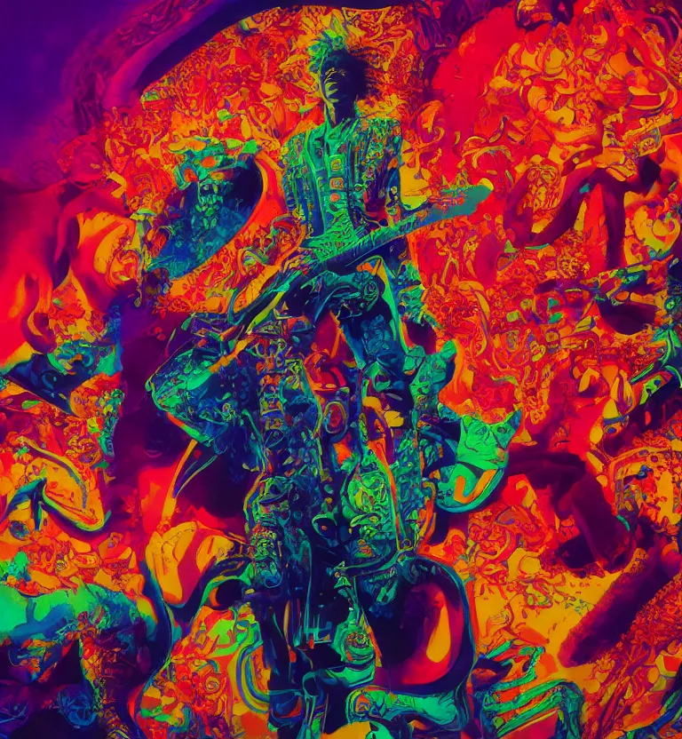 Prompt: jimi hendrix full body, colourful afrofuturist biomorphic opart in background, octane render 8 k, pascal blanche, roger dean, james jean, moebius, syd mead, killian eng, scifi, 8 k