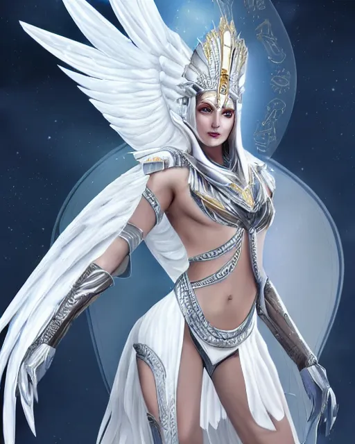 Image similar to perfect white haired egyptian goddess wearing white dove wings, warframe armor, regal, attractive, ornate, sultry, beautiful, charlize theron, pretty face, blue eyes, detailed, scifi platform, 4 k, ultra realistic, epic lighting, android body, illuminated, cinematic, masterpiece, art by akihito tsukushi, voidstar, artgerm