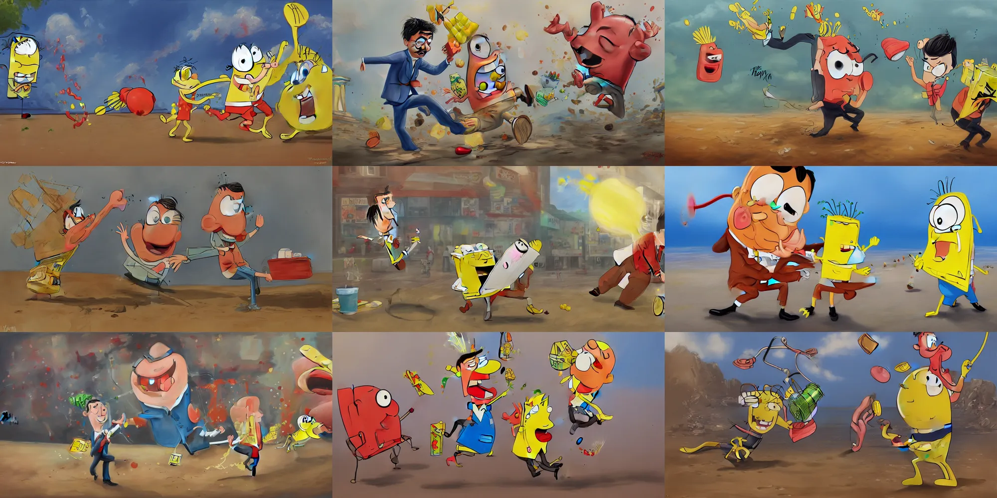 Prompt: a beautiful painting of mr bean fighting with Spongebob, detailed, trending on Artstation