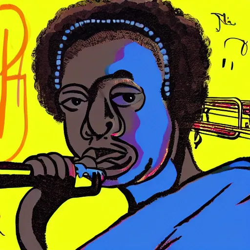 Image similar to miles davis in the style of daniel johnston, 4k