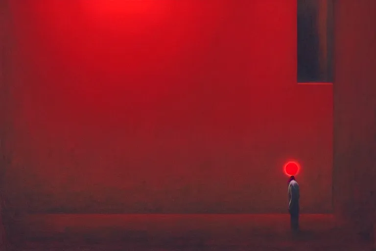 Image similar to only with red, netflix studios with workers at work, a big mickey mouse head in the middle, in the style of beksinski, parts by edward hopper, parts by rodcenko, parts by yue minjun, intricate and epic composition, red by caravaggio, insanely quality, highly detailed, masterpiece, red light, artstation, 4 k