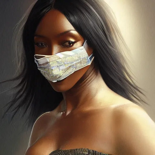 Image similar to full figure ultra realistic illustration, naomi campbell wearing an n 9 5 face mask, intricate, elegant, highly detailed, digital painting, artstation, concept art, smooth, sharp focus, illustration, art by artgerm and greg rutkowski and alphonse mucha