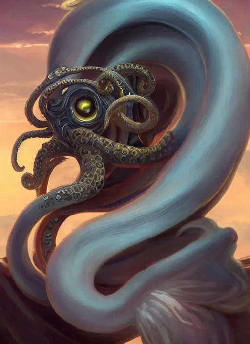 Image similar to a holy cephalopod with long powerful tentacles and a single large eye, with broad angelic wings wearing long white robe, highly detailed, digital painting, artstation, concept art, matte, sharp focus, illustration, dramatic, sunset,hearthstone, art by Artgerm and Greg Rutkowski and Alphonse Mucha