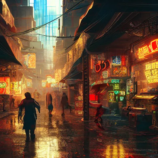 Image similar to a cyberpunk dark marketplace with heavy asian stylistic influences. the market place is where people come to buy and sell their dreams. people are reveling in the delight of experience the highly surreal dreams of others. concept art, artstation, cinematic lighting, highly detailed, 8 k, sharp render