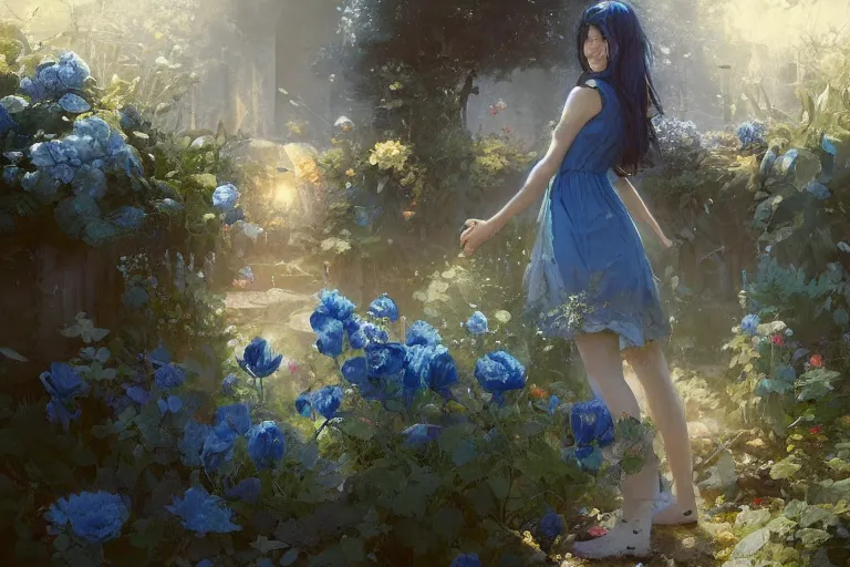 Image similar to a beautiful painting of blue roses garden, girl, by greg rutkowski, trending on artstation