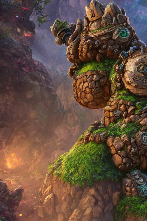 Image similar to zelda fantasy art giant golem troll wood rock greeble gemstone, global illumination ray tracing hdr fanart arstation by sung choi and eric pfeiffer and gabriel garza and casper konefal