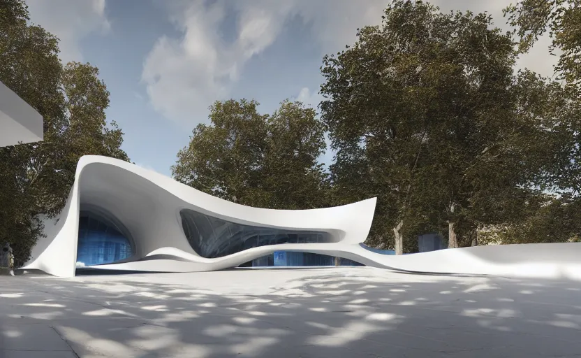 Image similar to exterior painting of a white architecture by zaha hadid and peter zumthor, darek zabrocki, greg ruthkowski, cinematic and blue cold atmospheric, archviz, archdaily, deezen, concept art, artstation, trending on artstation