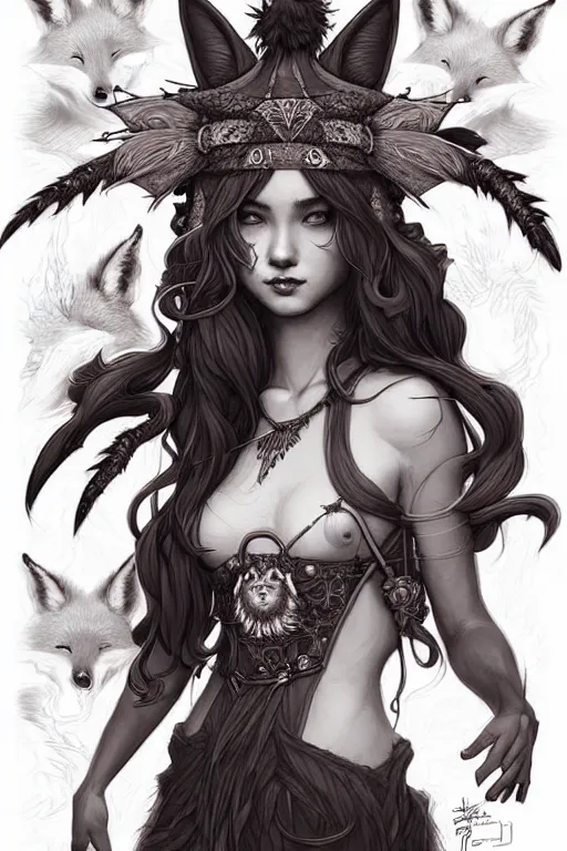 Image similar to digital art, centered full body of an Witch girl with fox headdress ,intricate, by James Jean and by artgerm , by ross tran, ultradetailed, charachter design, concept art, trending on artstation,