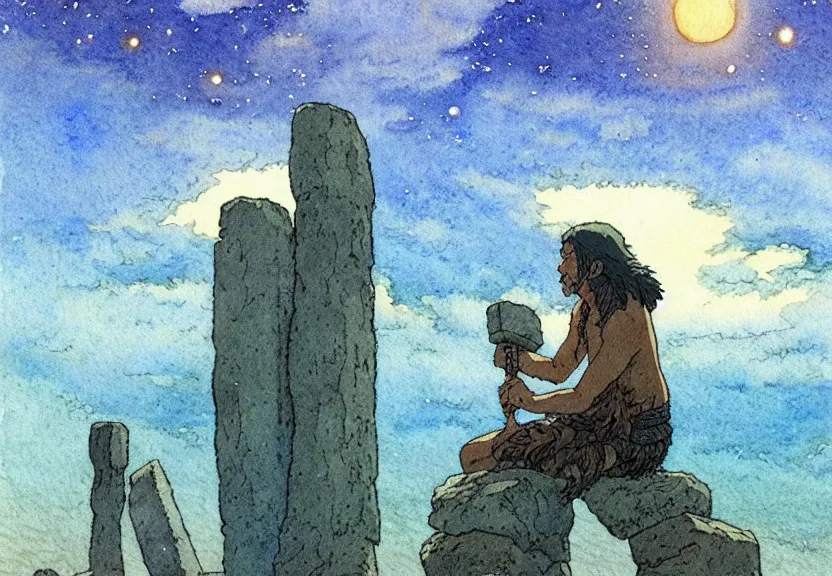 Image similar to a simple watercolor studio ghibli movie still fantasy concept art of a giant native american man sitting on a tiny stonehenge in the ocean. it is a misty starry night. by rebecca guay, michael kaluta, charles vess