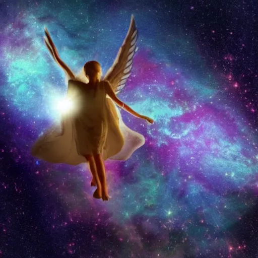 Prompt: a giant solid angel flying through a nebula