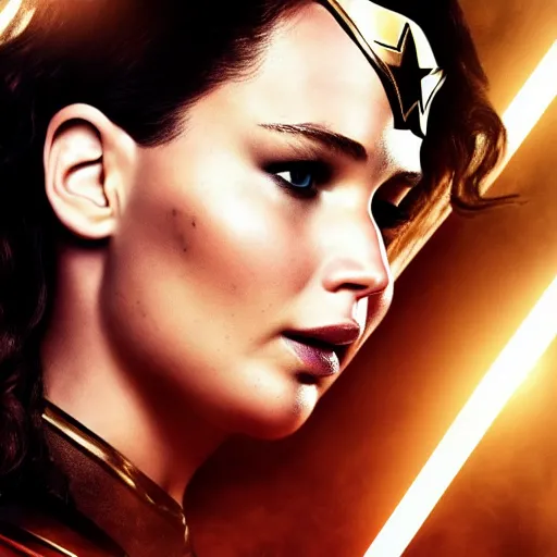 Prompt: jennifer lawrence as wonder woman, official poster, high quality, 8K