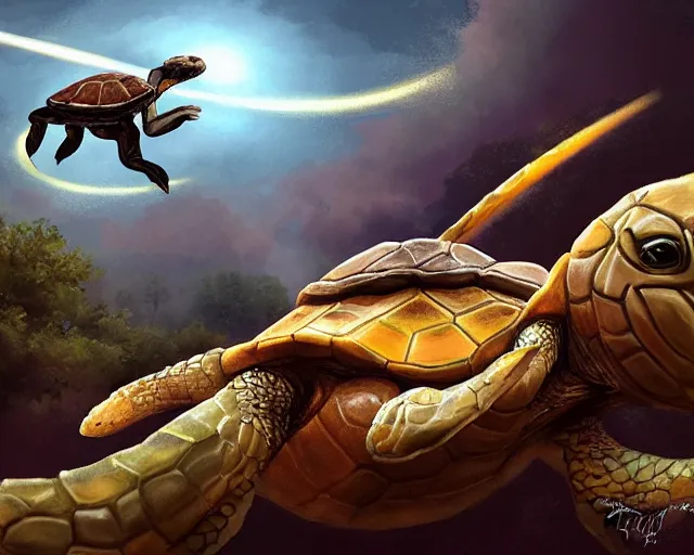 Image similar to kobe bryant riding on a turtle in heaven, fantasy art, illustration, epic art, fantasy, intricate, elgant, amazing detail, digital painting, artstation, concept art, smooth, sharp focus